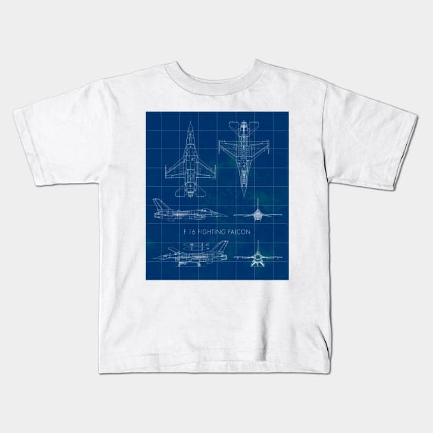 Airplane Blueprint - F 16 Fighting Falcon Blueprint - Airplane Drawing Kids T-Shirt by merchlovers